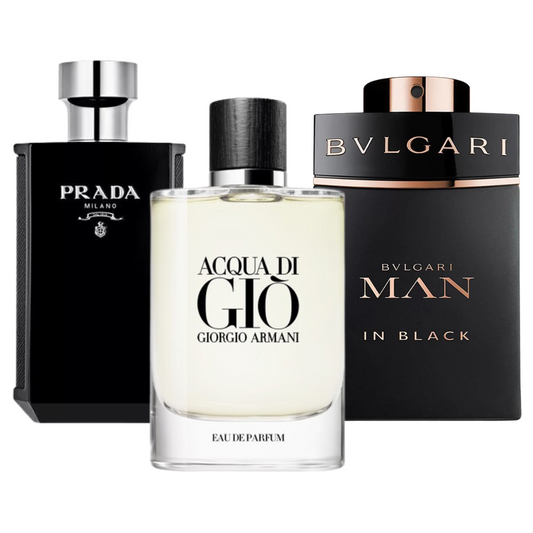 Kit de 3 perfumes Bvlgari In Black, Giorgio Armani Acqua Di Gio, e L'Homme Prada Intense 100ml